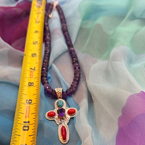 Jay King Amethyst, Turquoise, Red. Coral, & Sterling Silver Cross Necklace. - Picture 6 of 8
